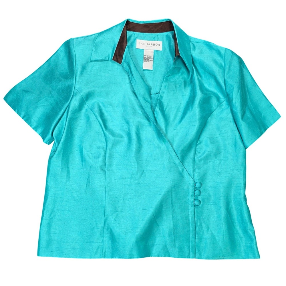 Sag Harbor Dress Faux Wrap Blouse Women's Size 16 Turquoise Blue Short Sleeve